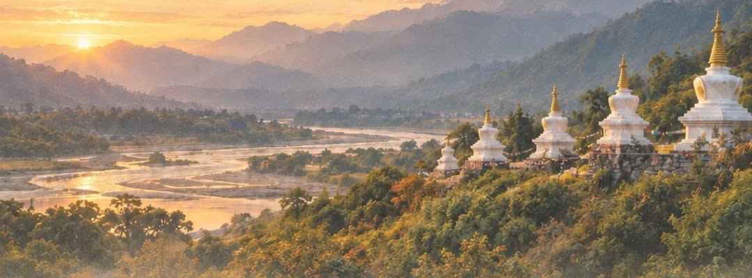 White chortens on a forested ridge above the Mau Chhu at sunrise