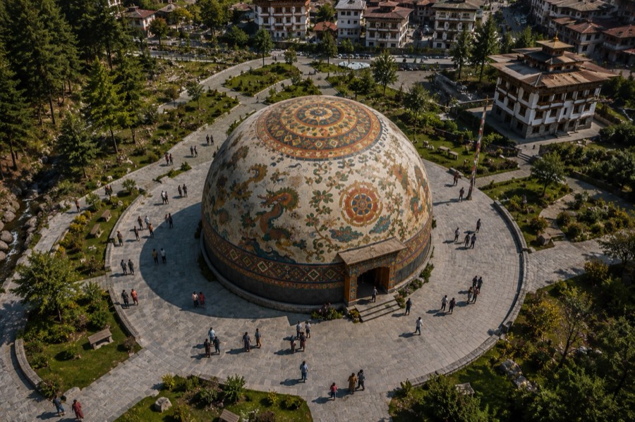 Aerial view of the painted dome among gardens and Bhutanese buildings