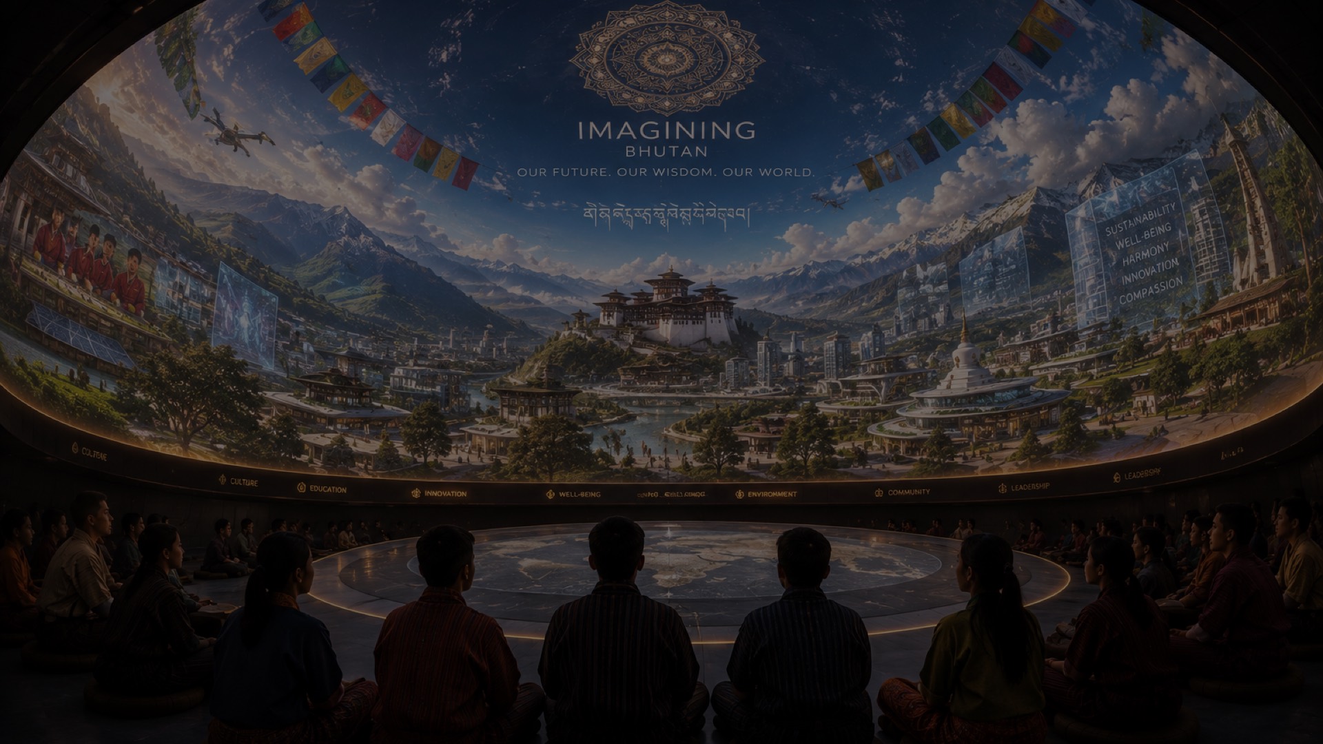 An audience inside the dome beneath a projected Bhutanese valley